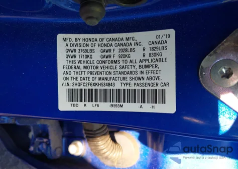 2019 Honda Civic Lx z USA, uszkodzony, nr VIN 2HGFC2F6XKH534843